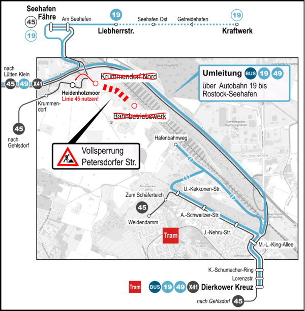 Sanierung Petersdorfer Straße: Umleitung der Buslinien 19 und 49