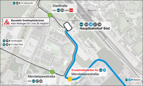 Umleitung der Linie 26 im Bereich Platz der Freundschaft