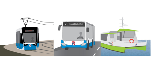 Straßenbahn, Bus und E-Fähre Straßenbahn, Bus und E-Fähre