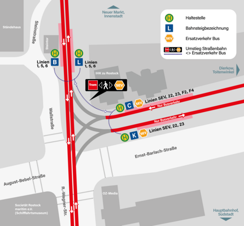 Lageplan der Haltestelle Steintor während der Baumaßnahme. Straßenbahnhaltestellen B und L für Linien 1, 5, 6. Ersatzverkehr mit Bussen an Haltestellen C und K für Linien SEV, 22, 23, F4. Fußweg zwischen Tram und SEV ist markiert. Fahrtrichtungen mit Pfeilen dargestellt.